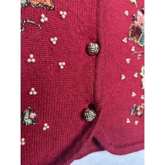 Susan Bristol Vintage 90s Red Wool Christmas Sweater Embroidered Beaded Medium - Picture 7 of 12